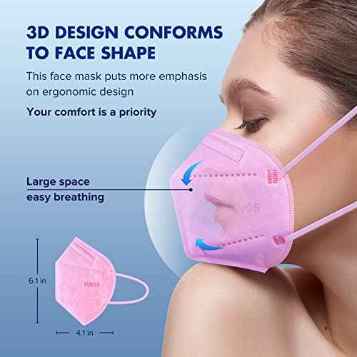 ctc connexions KN95 Face Mask 20pcs 5-Ply Cup Dust Face Mask Filtration Efficiency ¡Ã95% with Elastic Ear Loop and Nose Bridge Clip Individually Packaged(Pink)
