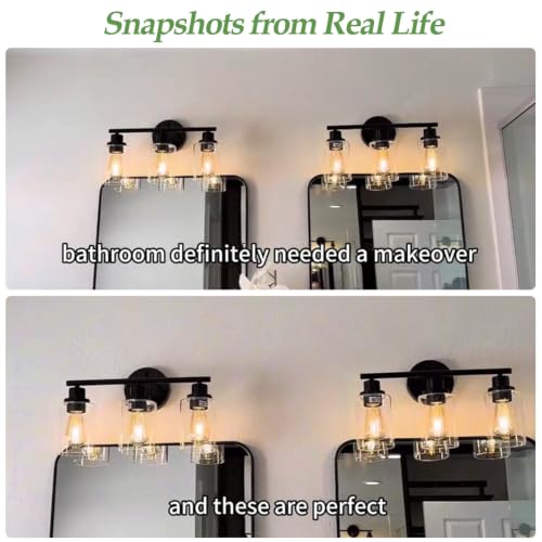 Zarbitta Matte Black 3-Light Bathroom Vanity Light Fixture with Clear Glass Shades - Reversible Mounting