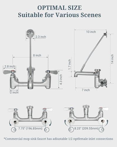 Phivan Commercial Mop Sink Faucet with Vacuum Breaker, Wall Mount, 8-Inch Adjustable Center, Lever Handle, Chrome Finish