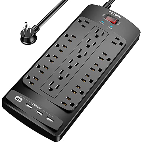 POWSAV Black 6ft Surge Protector Power Strip with 18 Outlets & 4 USB Ports