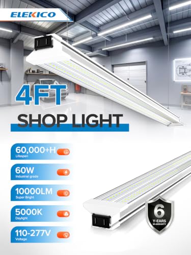 ELEKICO 4FT 6-Pack 60W LED Shop Lights, 9000LM, 5000K, Linkable Garage & Workshop Lighting