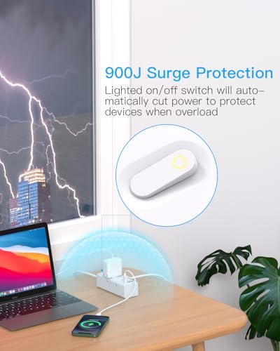 10Ft Flat Extension Cord Power Strip with Multiple Outlets & USB - White
