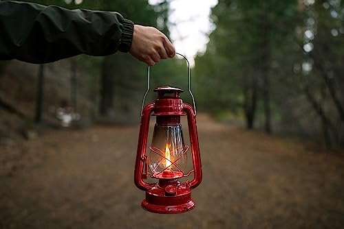 12 Inch Stansport Hurricane Lantern - Red Metal Oil Lamp with Adjustable Wick & Glass Globe, Portable Emergency & Camping Light
