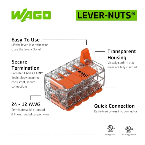 WAGO Lever-Nuts Splicing Connectors 24-12 AWG, Reusable Wire Terminals, Box of 15