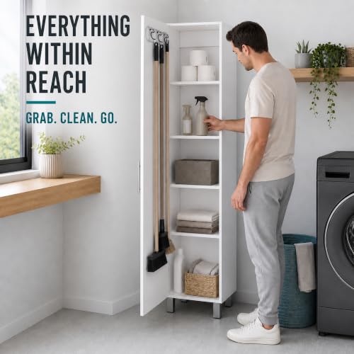 FUCIHOMA White Tall Slim Storage Cabinet with 3 Broom Hangers, 5 Shelves, Modern Melamine Finish