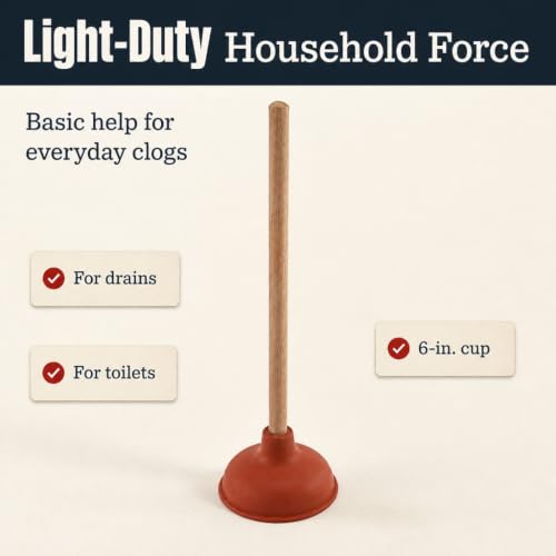 Light Duty 6-Inch Rubber Cup Plunger with Wooden Handle for Drain Unclogging