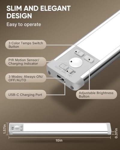 MCGOR 10-Inch Wireless Under Cabinet Light with Motion Sensor - Silver, 5 Pack