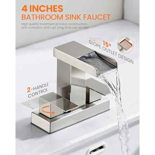 Waterfall Bathroom Faucet for Sink 3 Hole, 4 inch, Brushed Nickel Waterfall Sink Faucets with Pop-up Drain and 2 Supply Hoses, Stainless Steel 2-Handle Centerset Faucet for Sink Vanity, T-6008BN