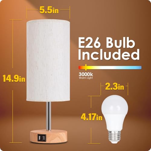 Yarra-Decor Fabric Bedside Table Lamp with USB Ports & Touch Dimmable Nightstand