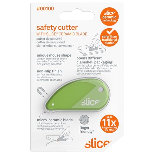 Slice 00100 Green Ceramic Safety Cutter with Keychain, Opens Clamshell Packaging