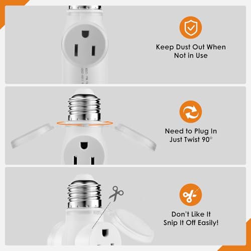 Onite 2-Pack White Light Socket Outlet Adapter - E26 to 3-Prong Outlet with Bulb Socket, Dust Cover, Indoor & Outdoor Use