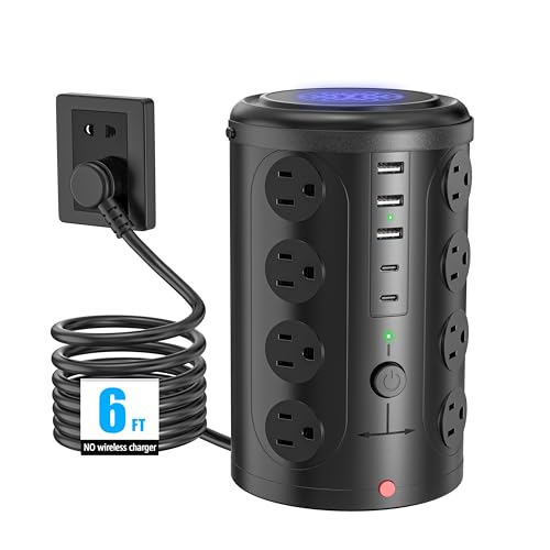 UWIWUTEI 6FT Black Power Strip Tower Surge Protector with 16 Outlets & 5 USB Ports