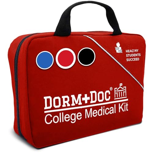 Red DormDoc College First Aid Kit - Compact 175 PCS Emergency Medical Supplies for Dorm, School & Sports