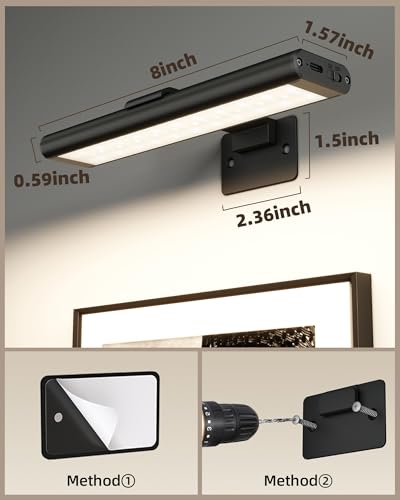 EZVALO Black Rechargeable LED Picture Light 7.87'' with Remote, 3 Color & Dimmable, Magnetic, Wall Display Lighting