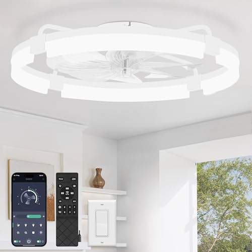 LEDIARY 24-Inch White Ceiling Fan with Lights, Low Profile Fandelier, Remote & App Control