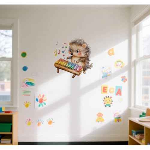 Hedgehog Play Keyboard Wall Stickers, Cute Animals Decal Music Vinyl Waterproof Peel Removable Wall Decor for Nursery Kids Baby Bedroom Playroom Classroom