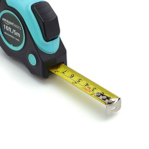 Amazon Basics 16 ft Retractable Tape Measure with Metric & SAE - Turquoise, Model 4.9m