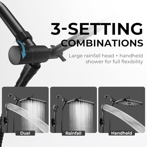 SeaCity Matte Black Rain Shower Head with Handheld & 5 Spray Modes - Wide Coverage Dual Shower System