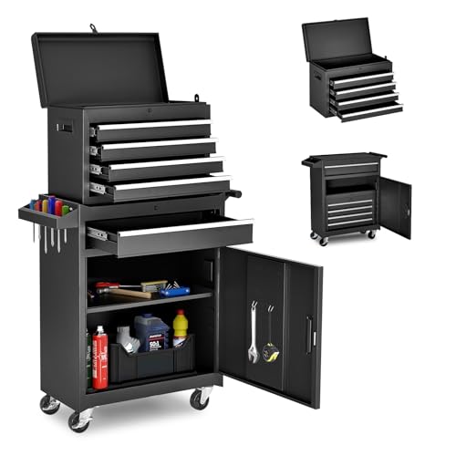 AirWire 5-Drawer Rolling Tool Chest Black – 20.2" L x 11" W x 40" H, Detachable Toolbox