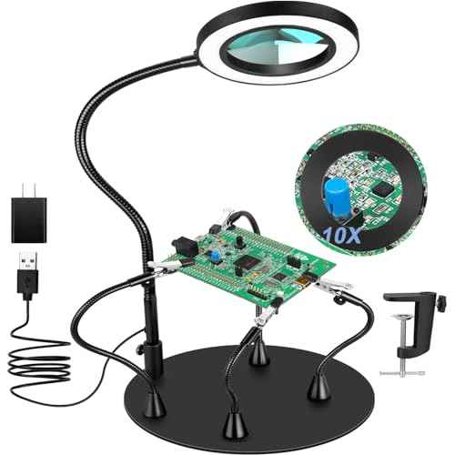 Magnetic Helping Hands Soldering Station with 10X Magnifying Glass with light, PCB Holder 4 Flexible Arms Magnifier and Third Hand Tool for Electronic Repair Soldering Jewelry Craft