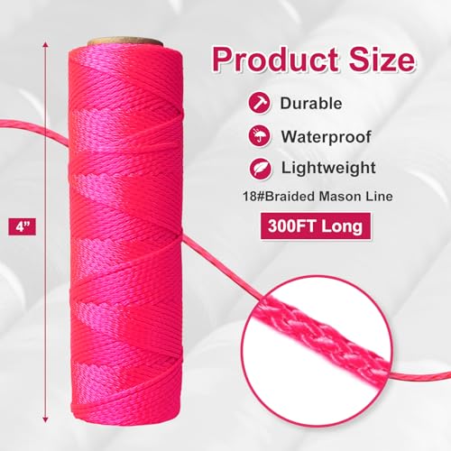 Mason Line String Line,300 Ft Length Nylon Twine,18 Braided Nylon String for Gardening Or Masonry Tools,Twine String for Gardening,Pink