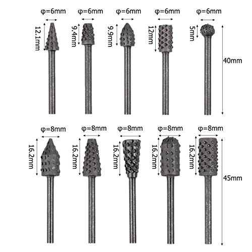 10Pcs 1/8''(3mm) Shank Rotary Burr Rasp Set, Carbon Steel Wood Carving File Rasp Drill Bits Fit for Rotary Tools for DIY Woodworking Wood Plastic Carving Polishing Grinding Engraving