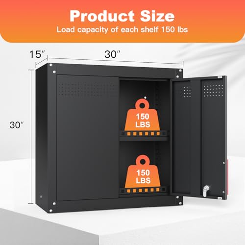 30W Kelueo 30" Metal Garage Wall Cabinet with Lock, Adjustable Shelf, Anti-Fall Rails