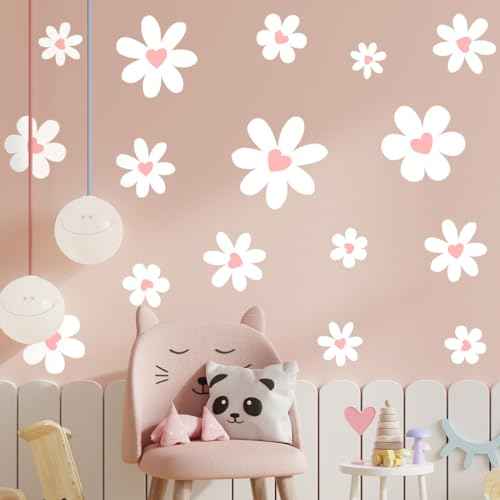 Daisy Wall Decals, Peel and Stick White Flower with Heart Wall Stickers,Daisy Floral Wall Decor for Kids Girls Bedroom Playroom Living Room Nursery