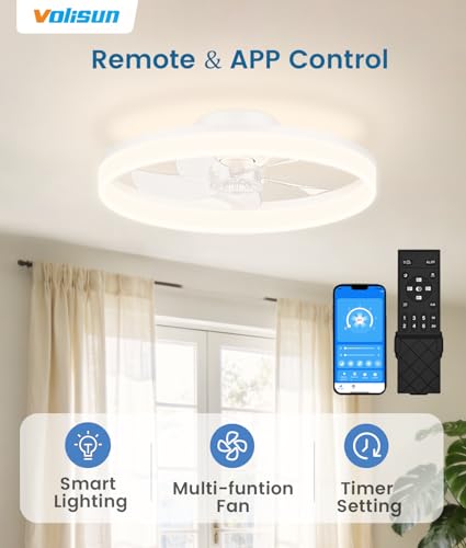 VOLISUN 20in White Low Profile Ceiling Fan with Lights & Remote, Dimmable LED Fandelier