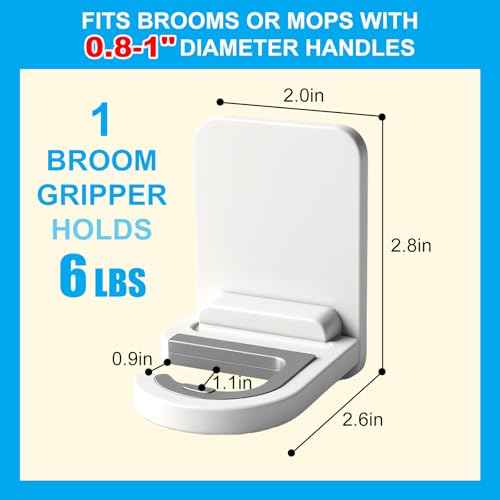 4pack Mop and Broom Holder Wall Mount Self Adhesive - No Drill Mop and Broom Handle Gripper, Household Cleaning Organizer for Organization and Storage, Holds up to 6 lb