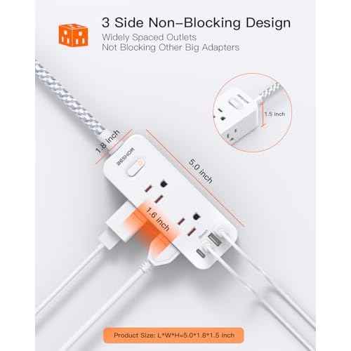 Power Strip Surge Protector, BESHON 5Ft Extension Cord, 6 Outlets with 4 USB Ports (2 USB C Outlet), 3-Side Outlet Extender, Wall Mount, Compact for Travel, Home, School, College Dorm Room and Office