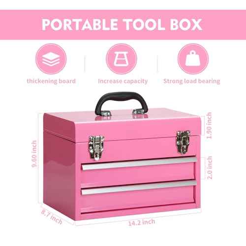 14 Inch Steel Portable Tool Box with drawers - Tool Storage Box Organizer with Metal Latch Closur - Powder Coated Toolbox Chest for Tools Storage Cabinet (PINK)