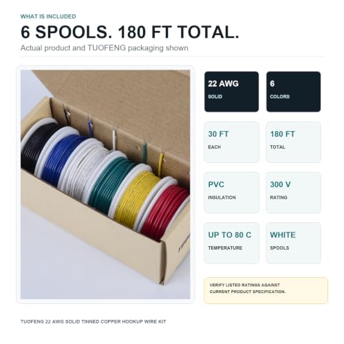 TUOFENG 22 AWG Solid Wire Kit - 6 Colors, 30ft Each, Electronics Wiring