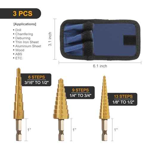 Step Drill Bit Set, 3PCS HSS Titanium Coated High Speed Steel Step Bits Covering 28 Sizes (1/8"-3/4") for Wood, Plastic, Sheet Metal with Portable Bag, Nice Gift for DIY Lovers