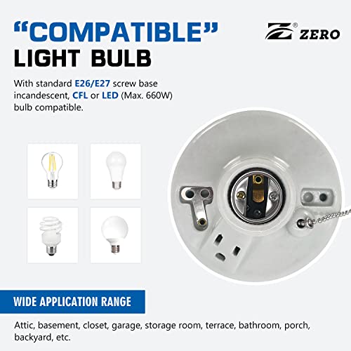 Z Zero 612431 Porcelain Pull Chain Light Fixture with Outlet - 1-Pack