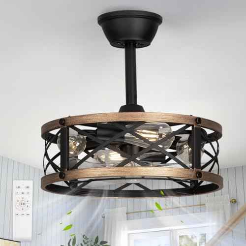 16.5" Farmhouse Caged Fandelier Ceiling Fan with Light, Rustic Bladeless Small Ceiling Fans with Lights and Remote, Modern Enclosed Ceiling Fan with Light for Kitchen, Bedroom, Small Room