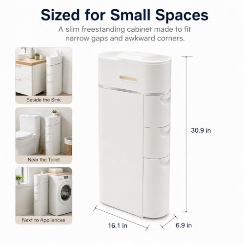 Tuxiatron Slim Bathroom Storage Cabinet with 3 Drawers & Space Organizer