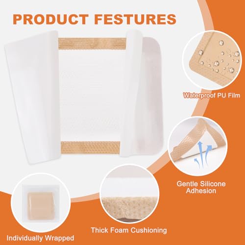 Silicone Foam Wound Dressing 6x6 Inch - 10 Pack, Gentle Border, Waterproof & Absorbent