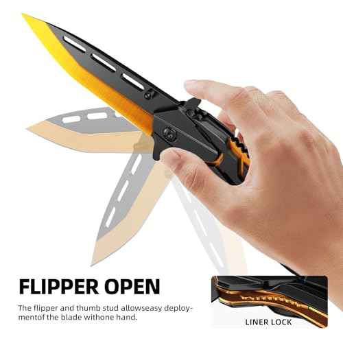 EDC Folding Pocket Knife for Men - Outdoor Survival Knife for Camping Hiking, Cool Gadgets Gifts for Dad/Him/Husband, Stocking Stuffers (Golden Black)