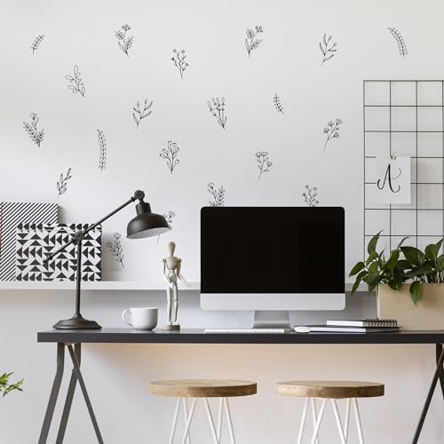 Small Black Flowers Peel and Stick Wall Decals - Set of 62 Flower Wall Stickers - 1"-4" Flower Wall Decor Floral Wall Decals