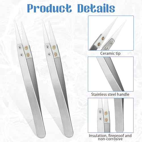 Ceramic Tweezers, 2pcs Stainless Steel Ceramic Precision Tweezers for Electronics, Non-Conductive Anti Static High Temperature Resistant Fine Point Tweezers for Precision Electrical Operation