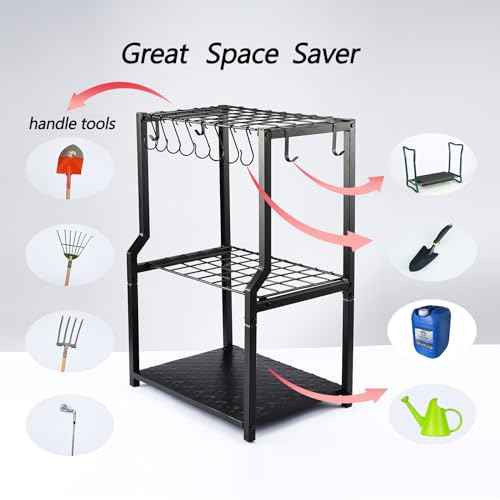 YueTong Garden Tool Organizer Heavy Duty,Yard Tool Tower Rack,Garage Storage Organization for Long Handle Tools,Rake,Brooms,Extra Hooks for Small Shovel,Shear.All Metal,Free Standing.