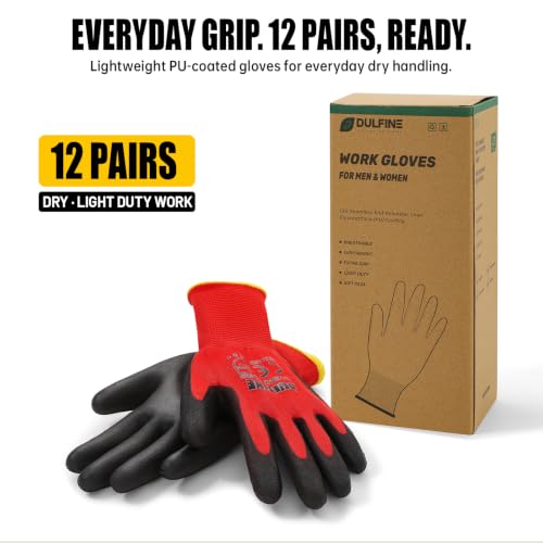 DULFINE Red Large Safety Work Gloves 12 Pairs PU Coated Breathable & Protective