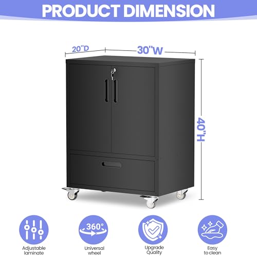 EKJ Metal Garage Tool Cabinet on Wheels - Lockable Rolling 2 Doors, 1 Drawer, 20" Deep
