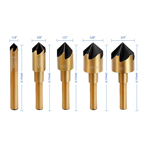 Aleric Countersink Drill Bit Set, High Speed Steel Counter Sinker Drill Bit 5Pcs 5 Flute 6mm Hex Shank with 82 Degree Mill Cutter Bit Countersink Bits for Wood Metal in Size 1/4¡± 3/8¡± 1/2¡± 5/8¡± 3/4¡±