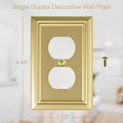 OKAWYC Single Duplex Metal Outlet Switch Cover Brushed Brass 4-Pack - Decorative Wall Plate for Receptacle and Light Switch, Durable & Easy to Install