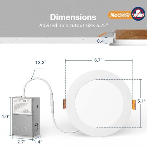 Amico 6 Inch White Recessed LED Light with 5CCT, 1050LM, 12W, Junction Box
