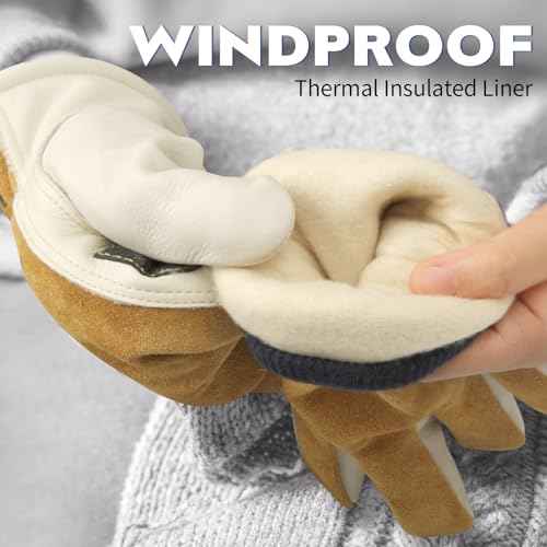 Mens Winter Work Gloves Insulated Waterproof Leather, Thinsulate Thermal Lining with Anti-Slip Palm for Cold Weather