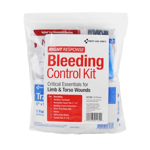 First Aid Only Bleeding Control Kit for Limb & Torso Wounds - 8 Pieces, Tourniquet & Hemostatic Gauze