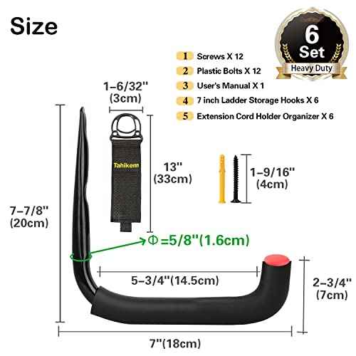 6 Set Garage Hooks - Wall Mounted, Heavy Duty, 7 Inch Large, Extension Cord Hanger, J Hooks for Ladder, Mowers, Cable Bracket - Black